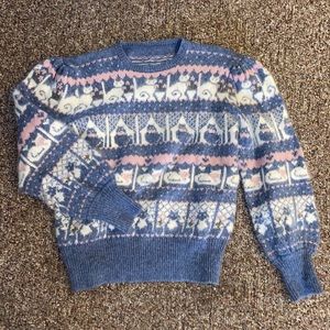Knitted blue and pink wool cat patterned sweater